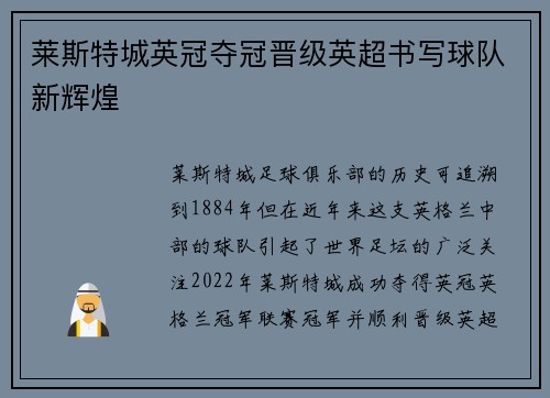 莱斯特城英冠夺冠晋级英超书写球队新辉煌